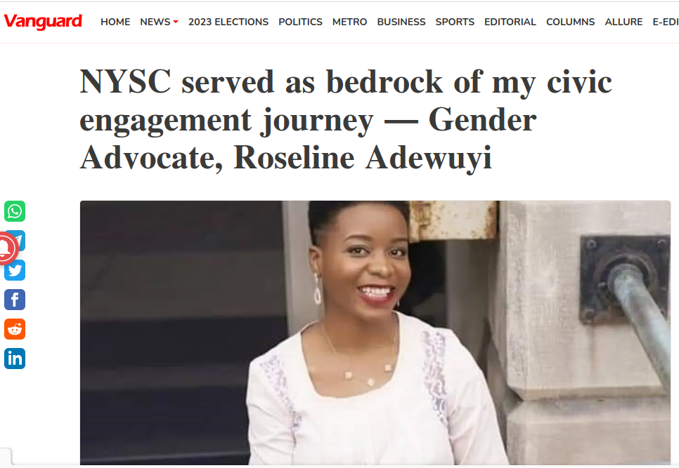 NYSC served as bedrock of my civic engagement journey ― Gender Advocate, Roseline Adewuyi VANGUARD