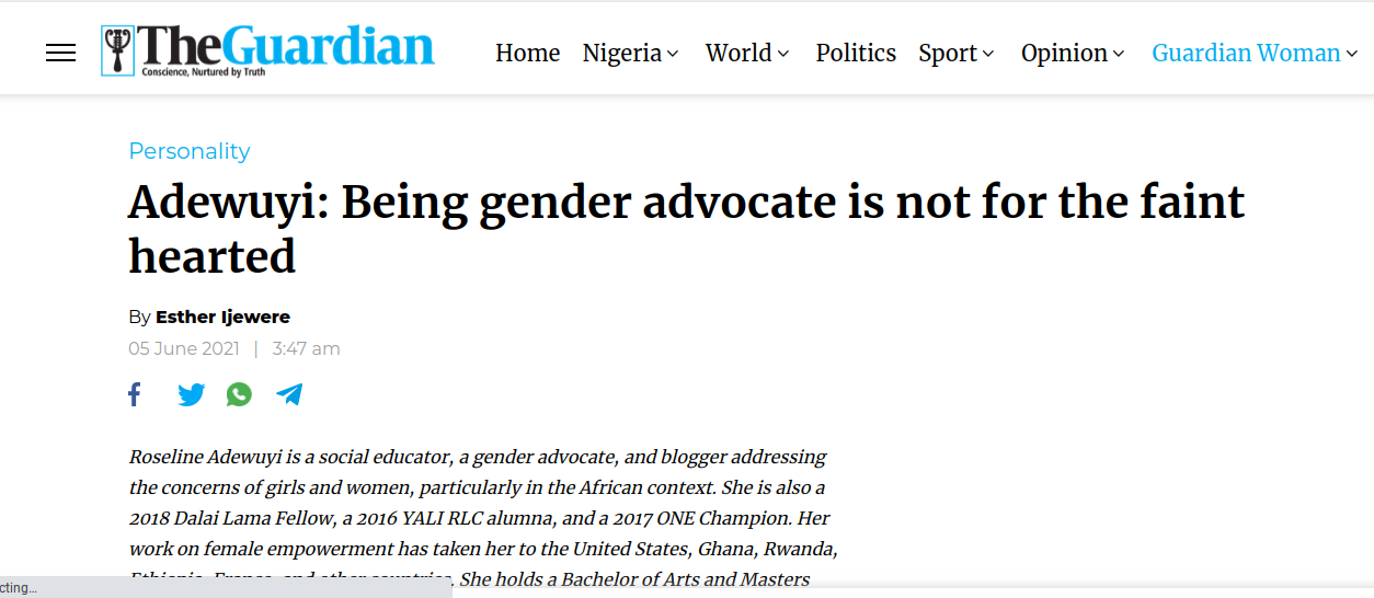 Adewuyi: Being gender advocate is not for the faint hearted THE GUARDIAN