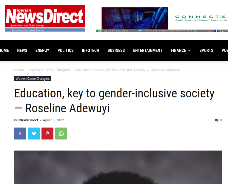 Education, key to gender-inclusive society — Roseline Adewuyi NEWSDIRECT