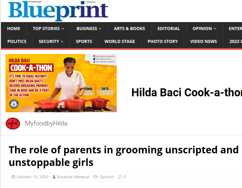 The role of parents in grooming unscripted and unstoppable girls -Roseline Adewuyi. BLUEPRINT