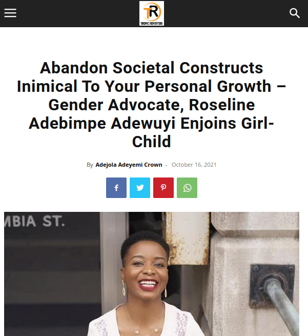 Abandon Societal Constructs Inimical To Your Personal Growth – Gender Advocate, Roseline Adebimpe Adewuyi Enjoins Girl-Child. Tropicreporter